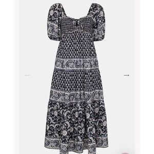 Sea New York  Jasper Border Puff Sleeve Tiered Dress in Black Size M NWT